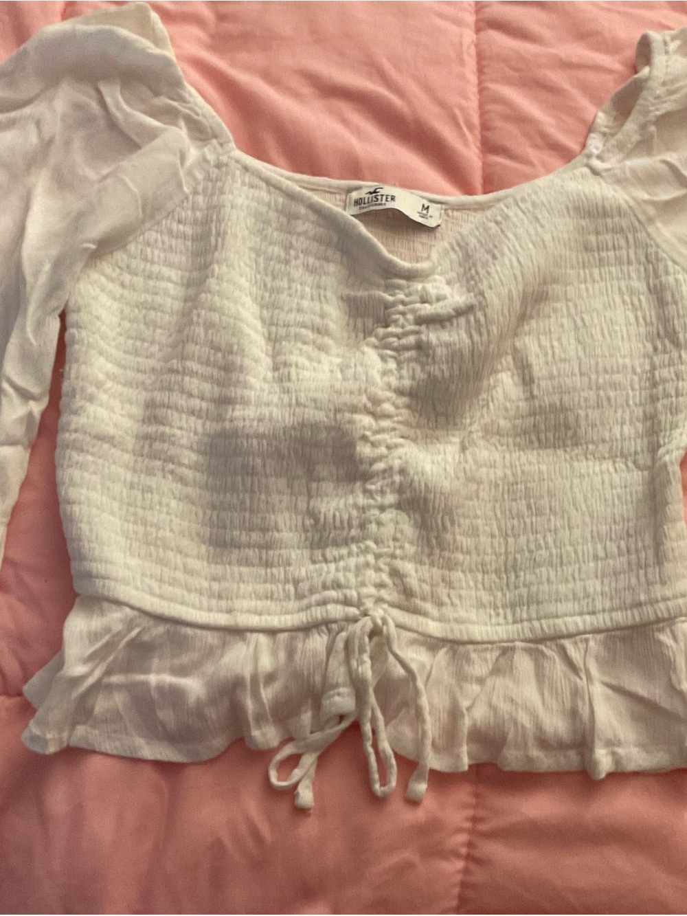 Hollister White Ruched Drawstring Peasant Crop Top
